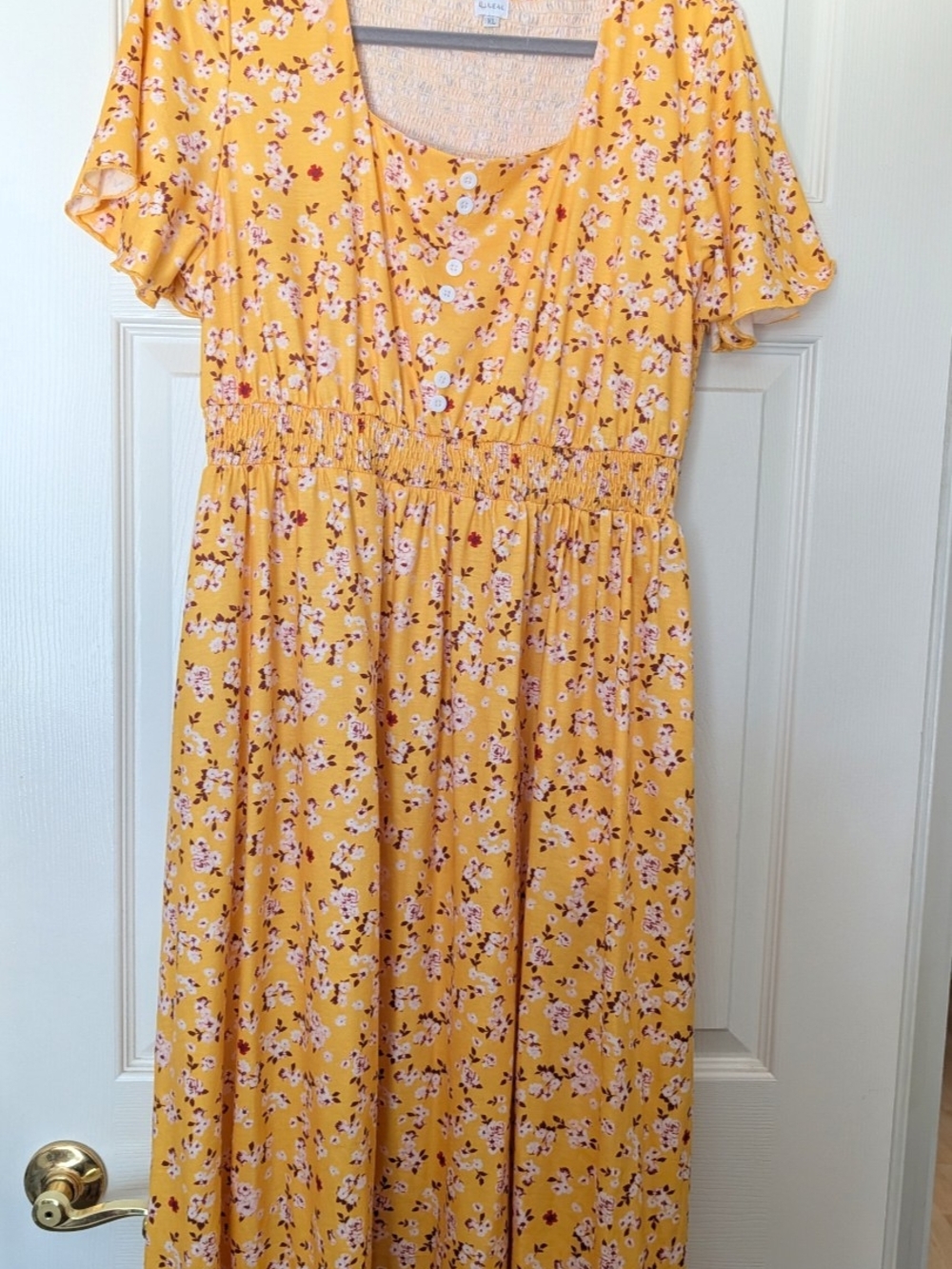 Yellow Floral Short-Sleeve Midi Dress